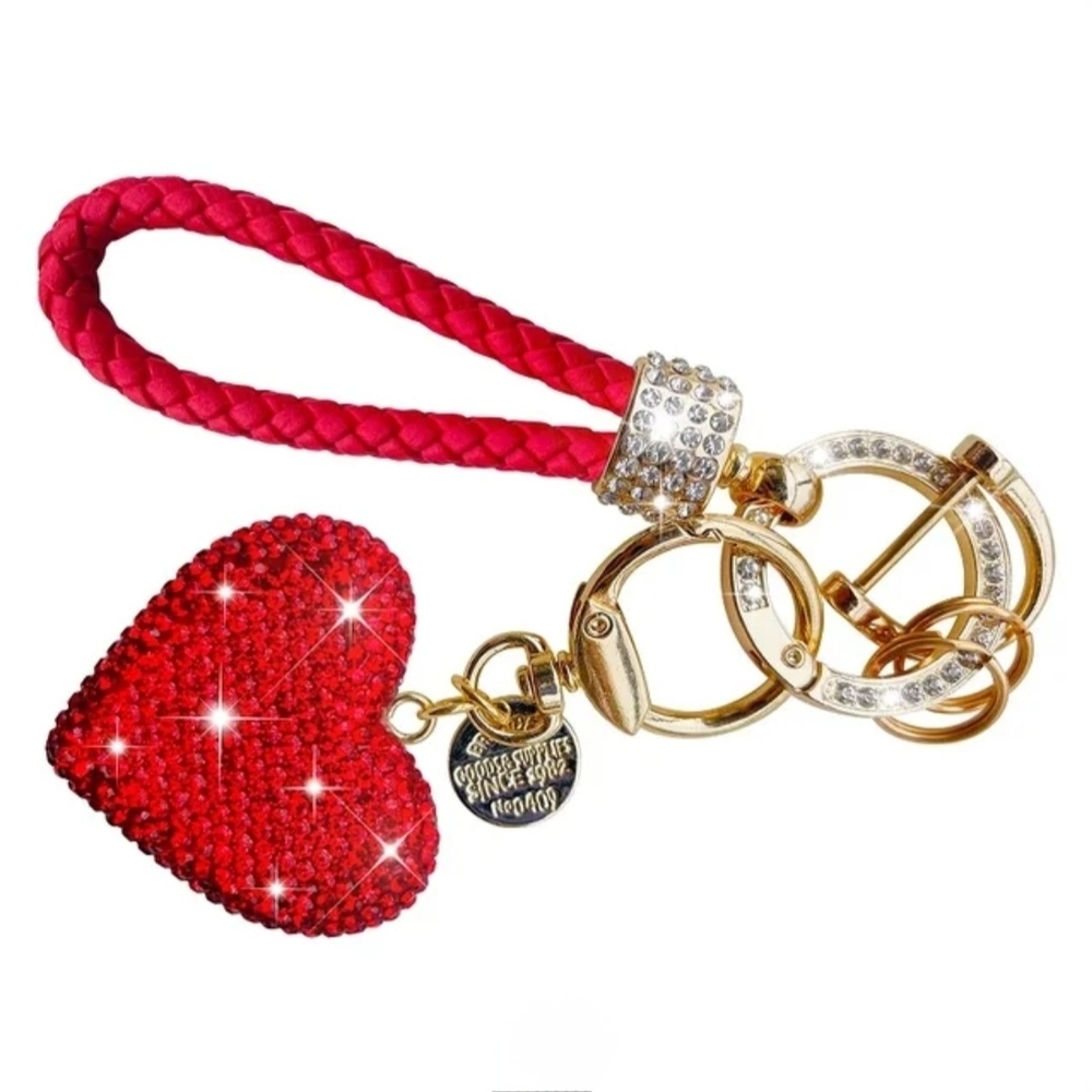 Elegant Red Heart Bag Charm Keychain with Gold Accents NWT